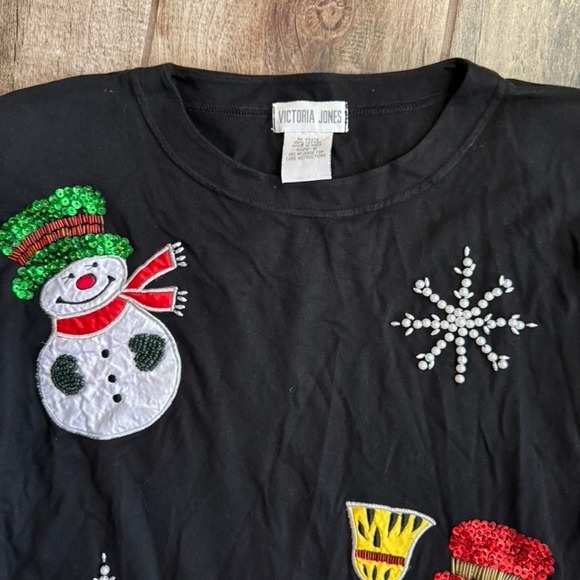 Victoria Jones Vintage Sequin Frosty Snowman Long Sleeve Blouse, Black White, S - Picture 3 of 6